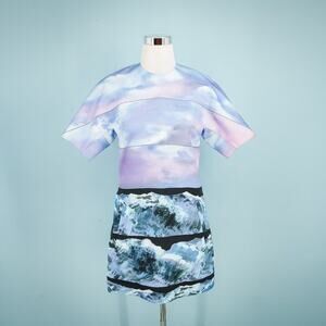 Victoria Victoria Beckham Size 0 Blue Print Short Sleeve Structured Mini Dress